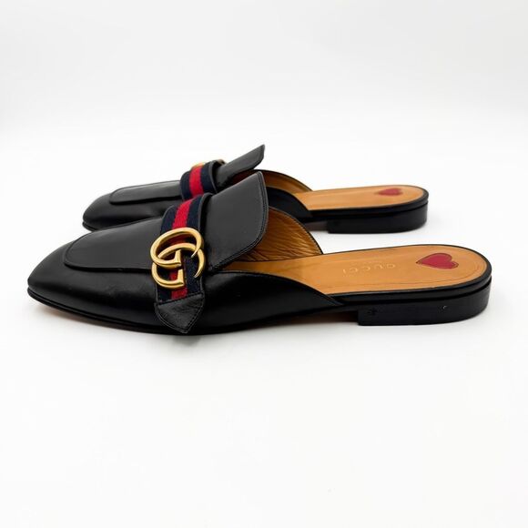 Gucci GG Web Stripe Peyton Mules Flat Slides Black Leather Loafers - Picture 4 of 11